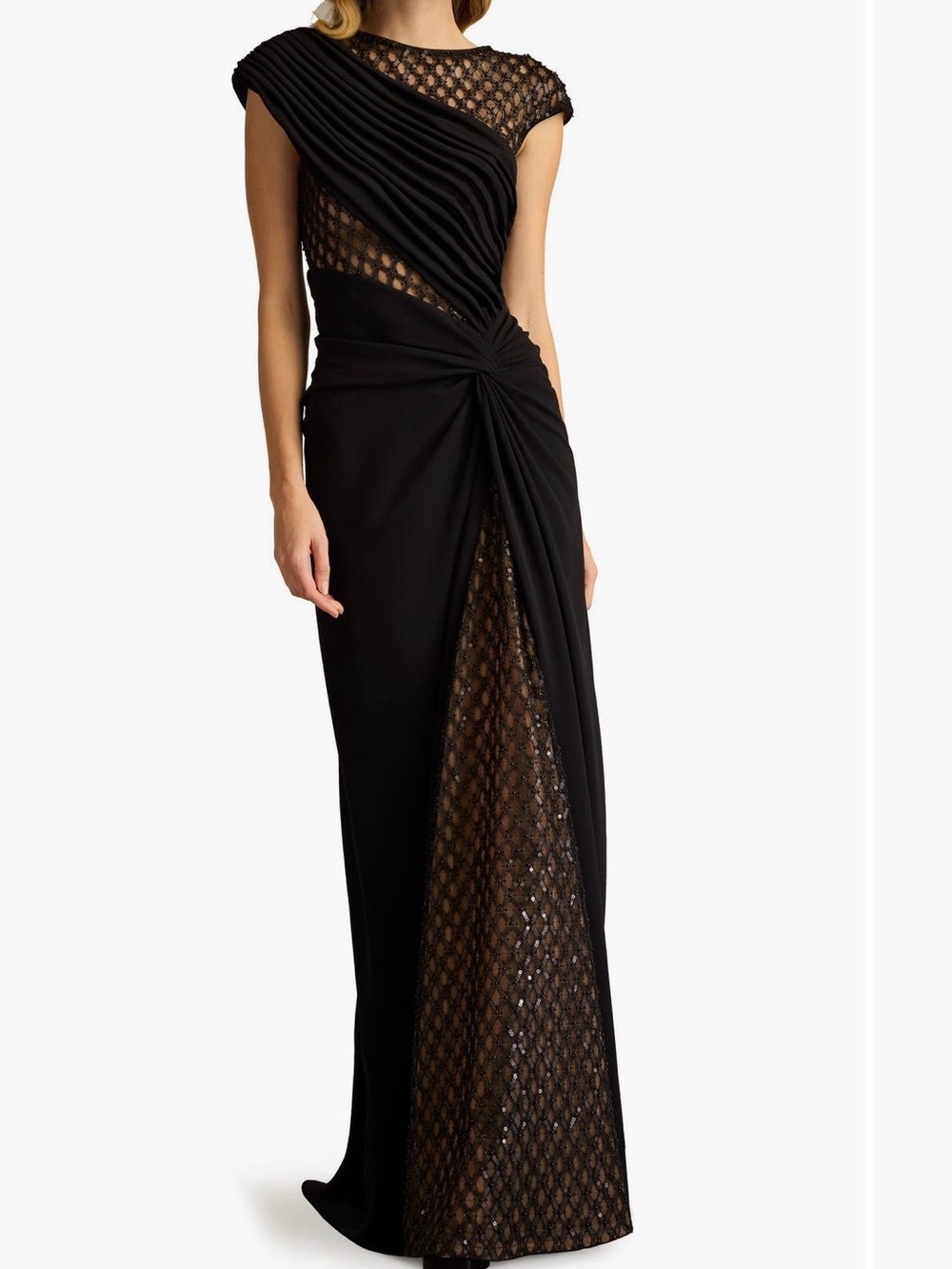 Tadashi Shoji Mixed Media Cap Sleeve Crepe Black Gown NWT Size Small